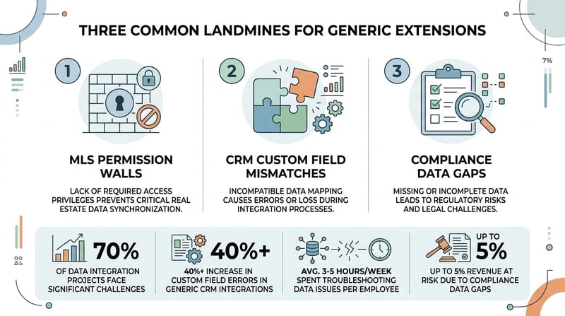 Infographic of three failure points for generic Chrome extensions: MLS logins, CRM custom fields, and compliance data