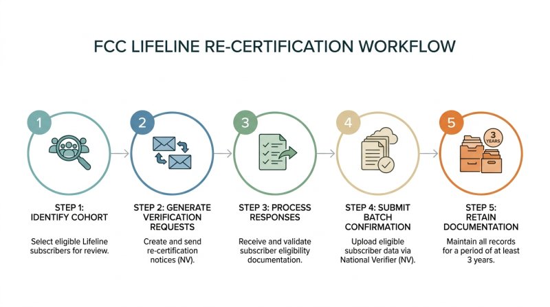 Step diagram showing five-step re-certification workflow from cohort identification through documentation retention