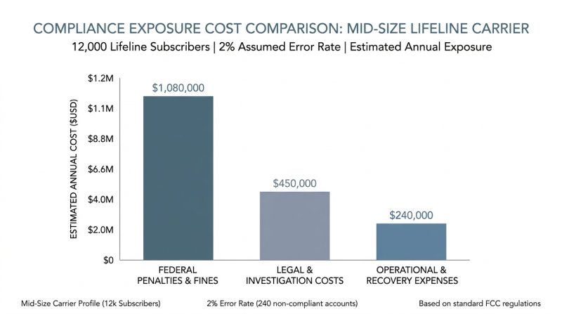 Compliance exposure calculation for carrier with 12,000 subscribers and 2% error rate showing single month and annual exposure figures